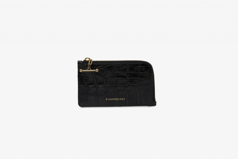 Black Strathberry Princes Street Zip Croc-Embossed Leather Wallet | UK UDNZ-27845