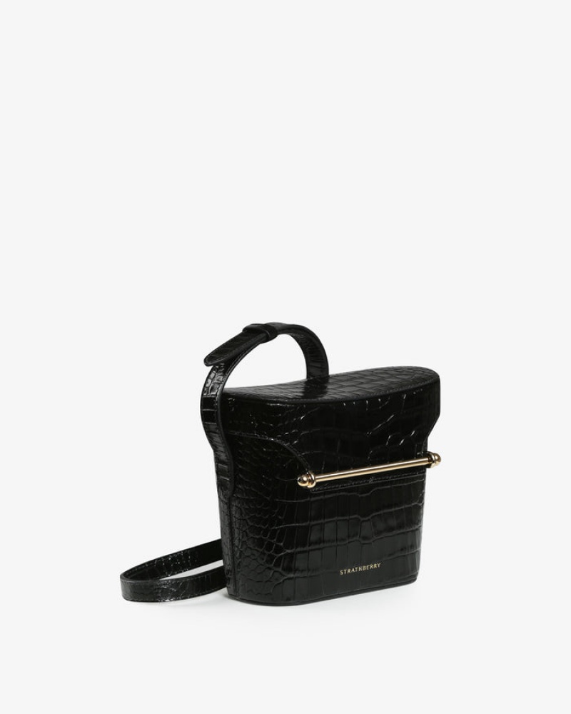 Black Strathberry Safari Croc-Embossed Leather Shoulder Bag | UK RHUY-37824