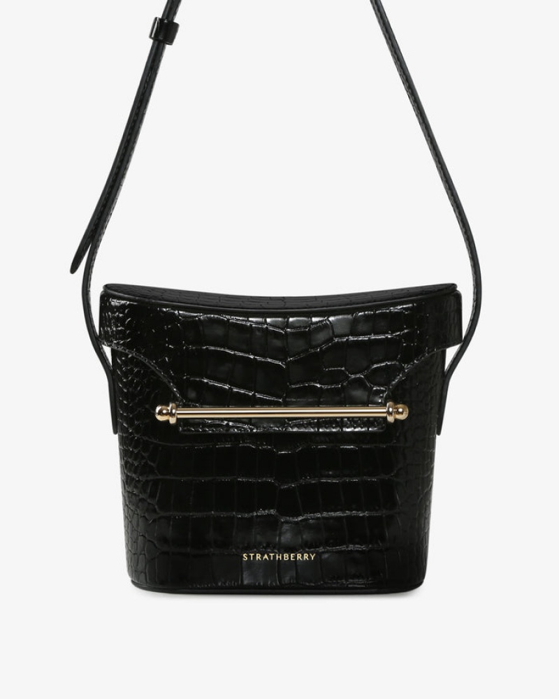 Black Strathberry Safari Croc-Embossed Leather Shoulder Bag | UK RHUY-37824