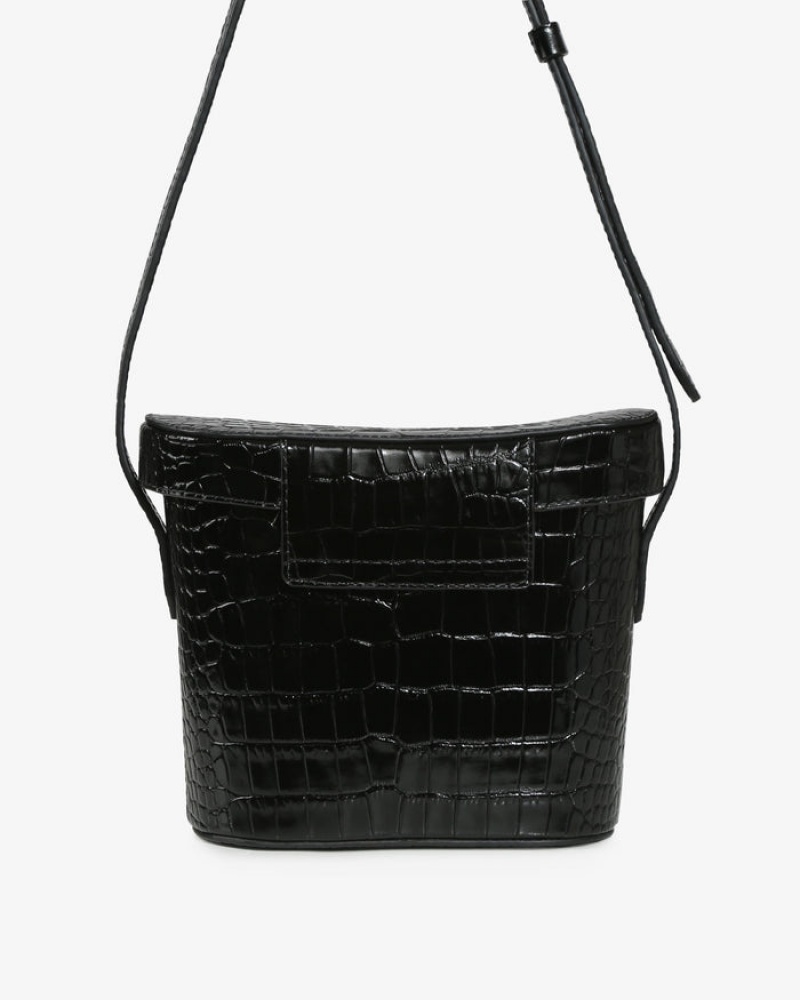 Black Strathberry Safari Croc-Embossed Leather Shoulder Bag | UK RHUY-37824