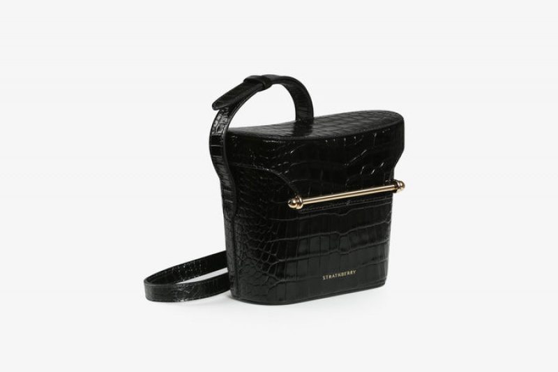 Black Strathberry Safari Croc-Embossed Leather Shoulder Bag | UK RHUY-37824