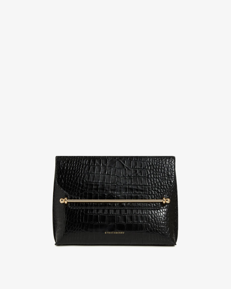 Black Strathberry Stylist Croc-Embossed Leather Clutch Bag | UK SJNM-16072