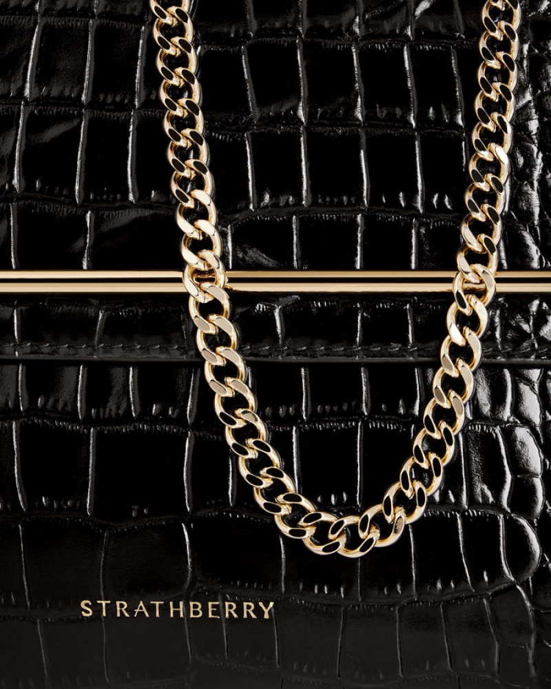 Black Strathberry Stylist Croc-Embossed Leather Clutch Bag | UK SJNM-16072