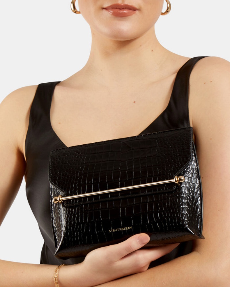 Black Strathberry Stylist Croc-Embossed Leather Clutch Bag | UK SJNM-16072