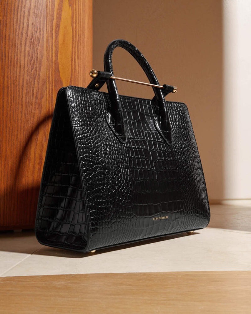 Black Strathberry The Midi Tote Croc-Embossed Leather Crossbody Bag | UK LMJK-01542