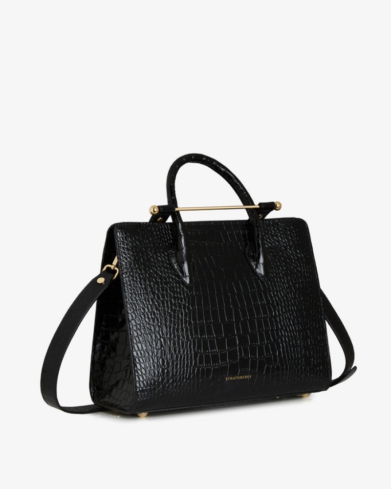 Black Strathberry The Midi Tote Croc-Embossed Leather Crossbody Bag | UK LMJK-01542