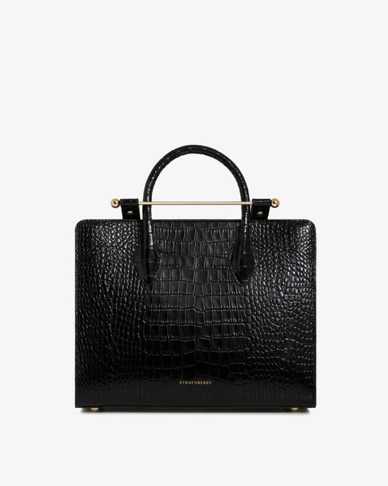 Black Strathberry The Midi Tote Croc-Embossed Leather Crossbody Bag | UK LMJK-01542