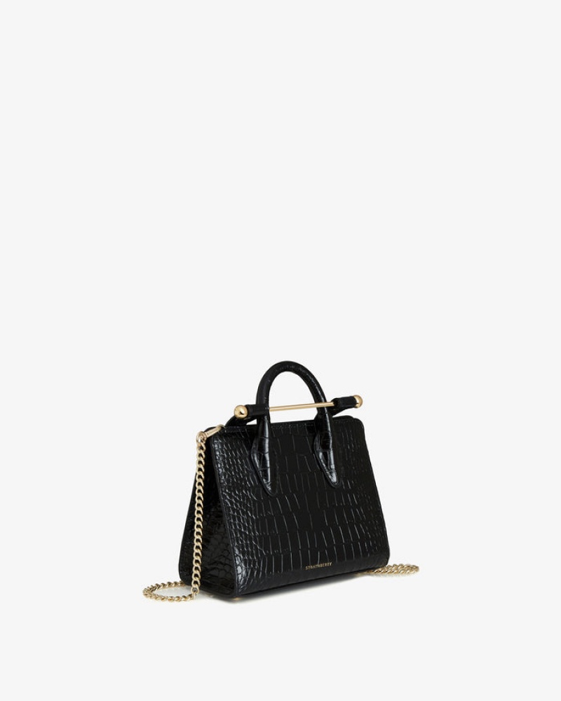 Black Strathberry The Nano Tote Croc-Embossed Leather Mini Bag | UK EKFY-79812