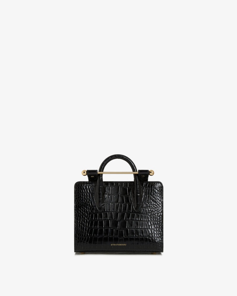 Black Strathberry The Nano Tote Croc-Embossed Leather Mini Bag | UK EKFY-79812