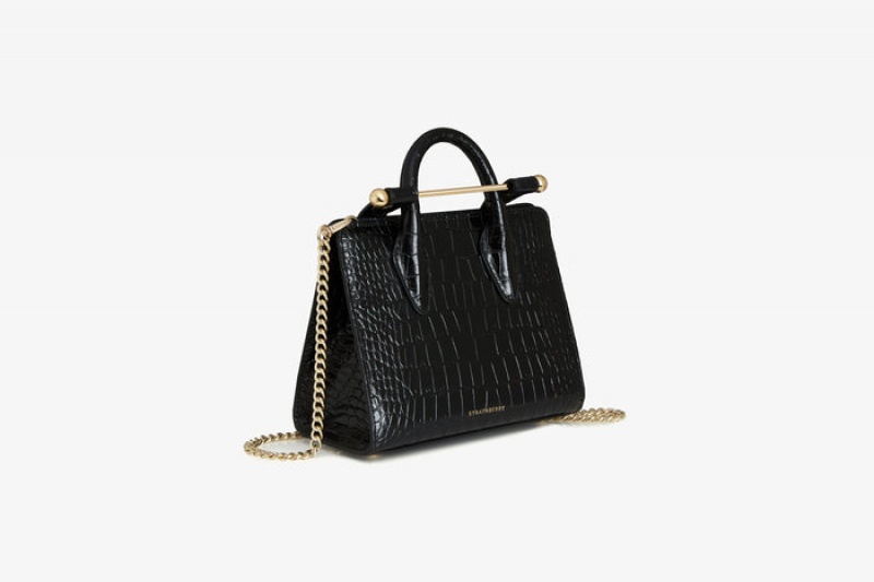 Black Strathberry The Nano Tote Croc-Embossed Leather Mini Bag | UK EKFY-79812