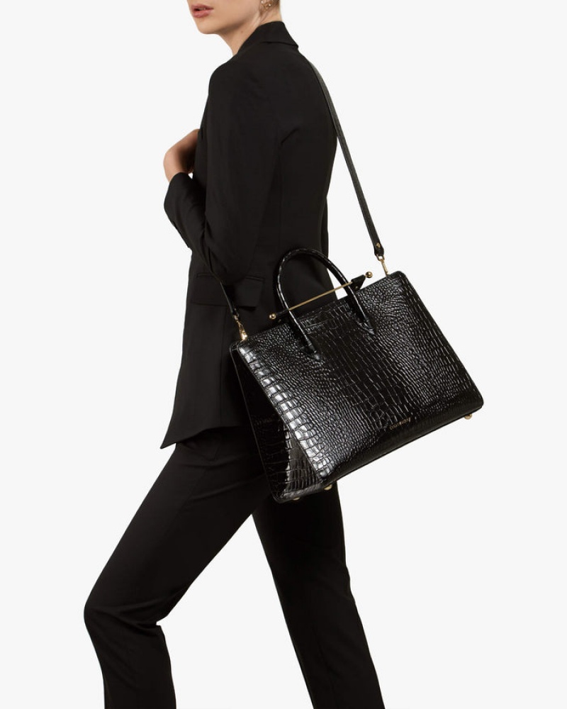 Black Strathberry The Tote Croc-Embossed Leather Shoulder Bag | UK WIUO-57948