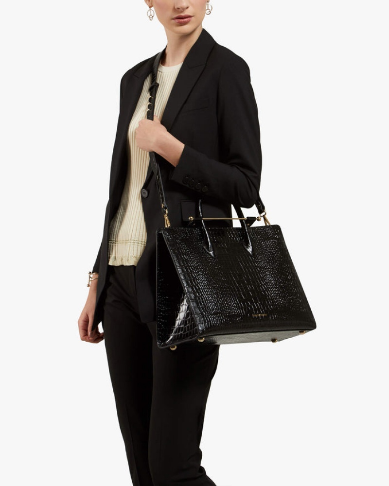 Black Strathberry The Tote Croc-Embossed Leather Shoulder Bag | UK WIUO-57948