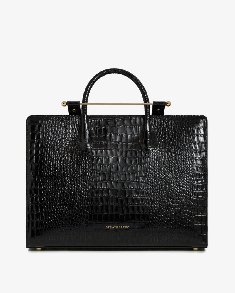 Black Strathberry The Tote Croc-Embossed Leather Shoulder Bag | UK WIUO-57948