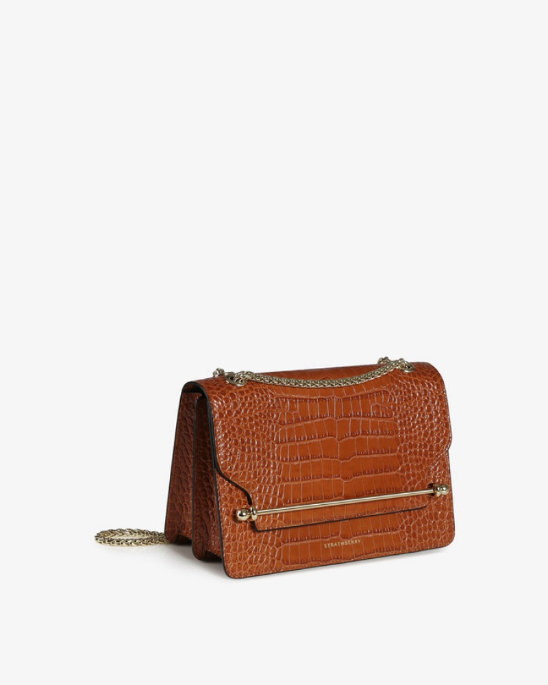 Brown Strathberry East/West Croc-Embossed Leather Shoulder Bag | UK GJSL-86973