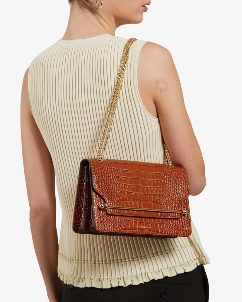 Brown Strathberry East/West Croc-Embossed Leather Shoulder Bag | UK GJSL-86973