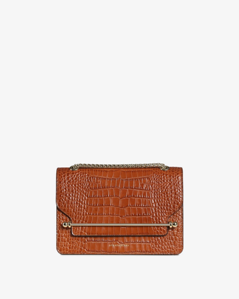 Brown Strathberry East/West Croc-Embossed Leather Shoulder Bag | UK GJSL-86973