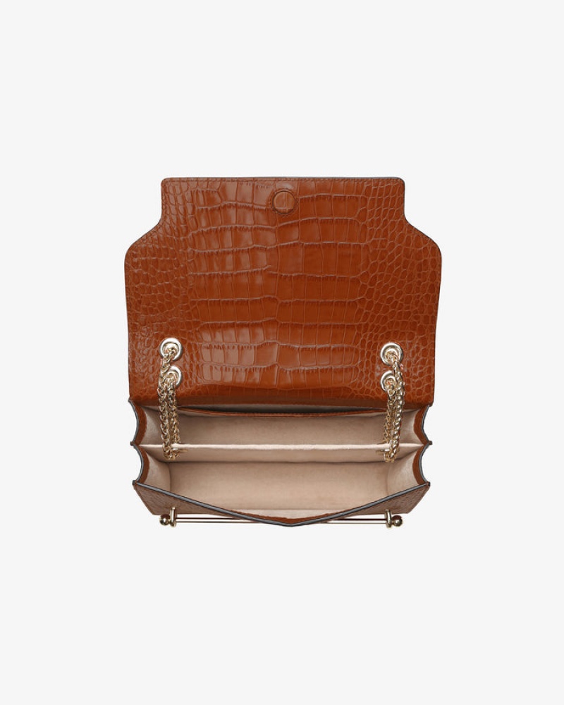 Brown Strathberry East/West Croc-Embossed Leather Shoulder Bag | UK GJSL-86973