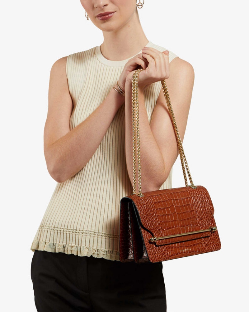 Brown Strathberry East/West Croc-Embossed Leather Shoulder Bag | UK GJSL-86973