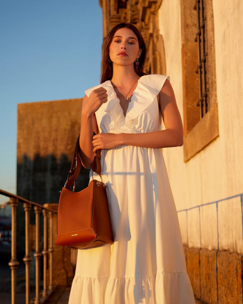 Brown Strathberry Lana Midi Bucket With Stitch Shoulder Bag | UK OHJK-43275