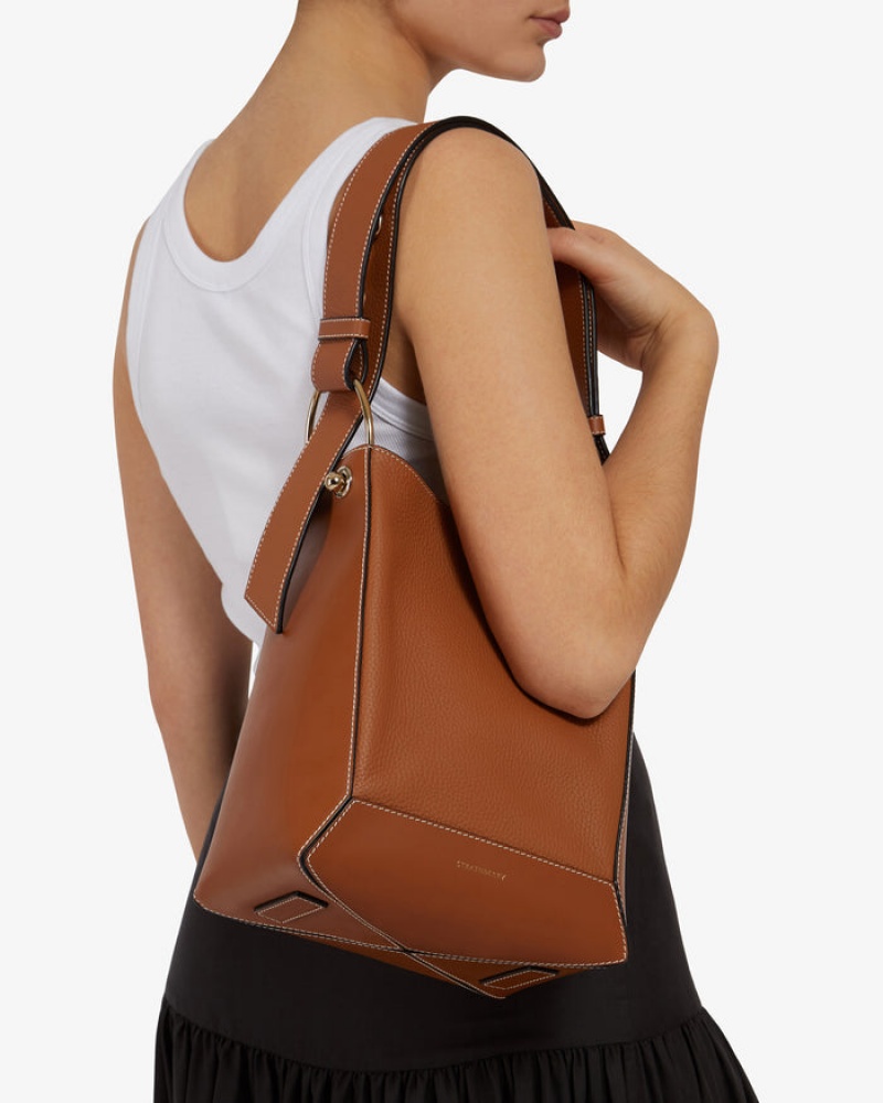 Brown Strathberry Lana Midi Bucket With Stitch Shoulder Bag | UK OHJK-43275