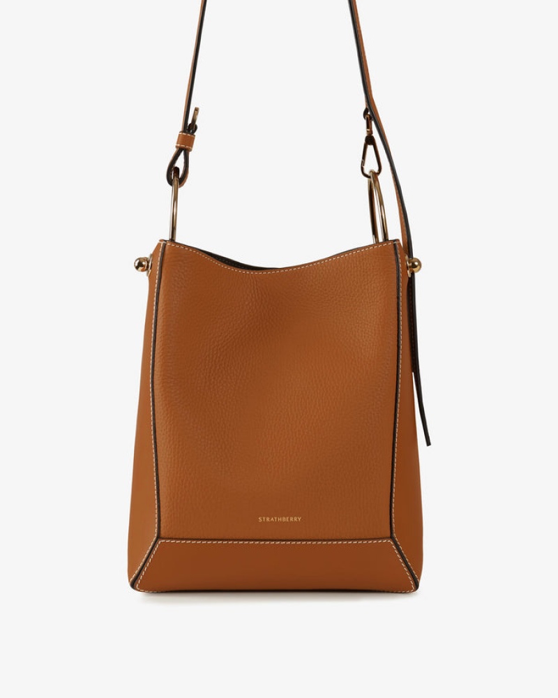 Brown Strathberry Lana Midi Bucket With Stitch Shoulder Bag | UK OHJK-43275