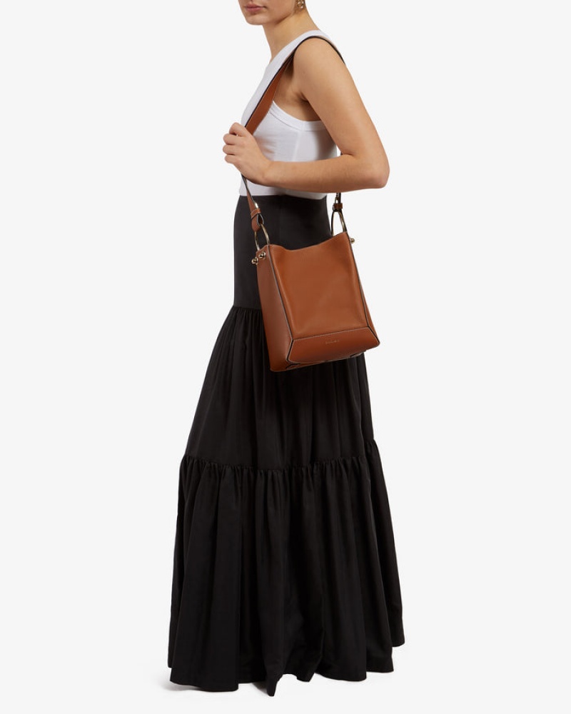 Brown Strathberry Lana Midi Bucket With Stitch Shoulder Bag | UK OHJK-43275