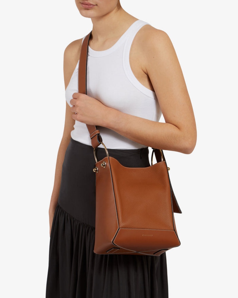 Brown Strathberry Lana Midi Bucket With Stitch Shoulder Bag | UK OHJK-43275