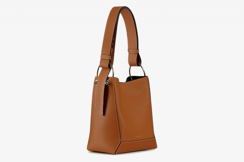 Brown Strathberry Lana Midi Bucket With Stitch Shoulder Bag | UK OHJK-43275