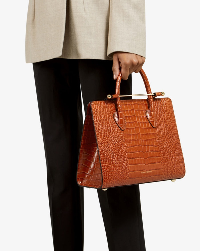 Brown Strathberry The Midi Tote Croc-Embossed Leather Crossbody Bag | UK PTLG-90685