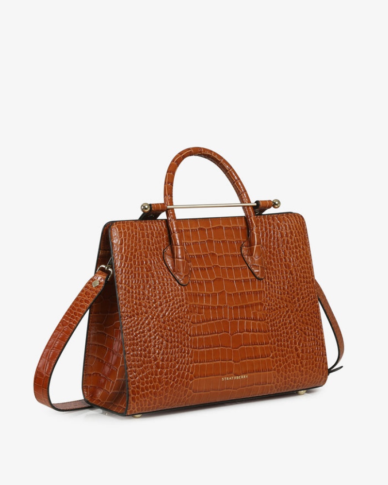 Brown Strathberry The Midi Tote Croc-Embossed Leather Crossbody Bag | UK PTLG-90685