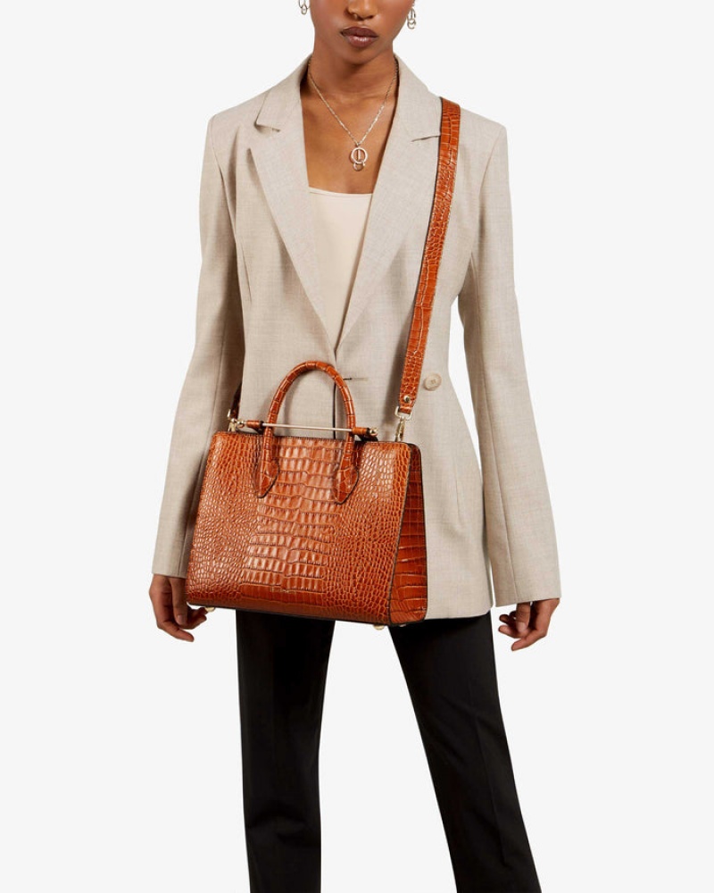 Brown Strathberry The Midi Tote Croc-Embossed Leather Crossbody Bag | UK PTLG-90685