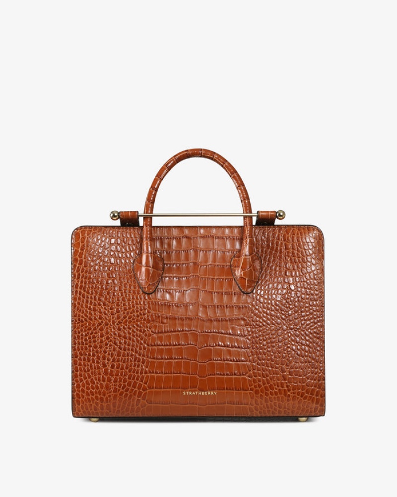 Brown Strathberry The Midi Tote Croc-Embossed Leather Crossbody Bag | UK PTLG-90685