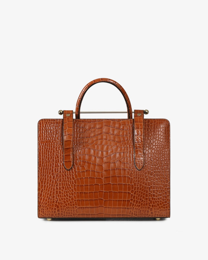 Brown Strathberry The Midi Tote Croc-Embossed Leather Crossbody Bag | UK PTLG-90685