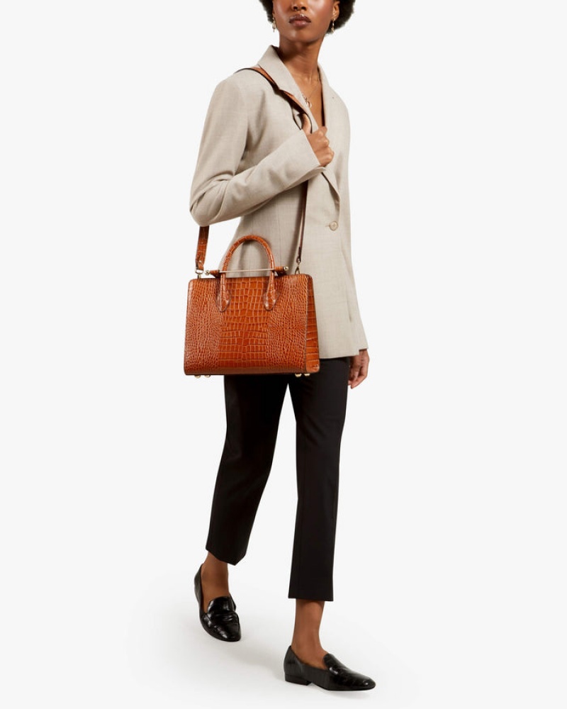 Brown Strathberry The Midi Tote Croc-Embossed Leather Crossbody Bag | UK PTLG-90685