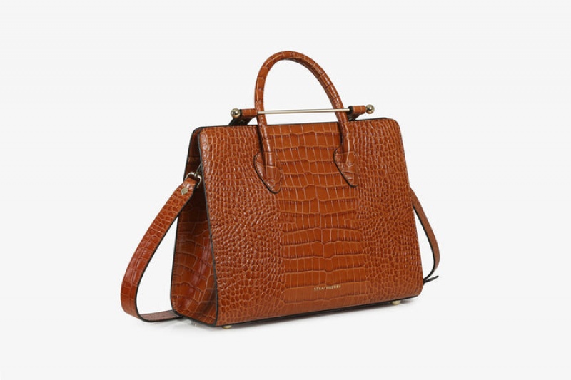 Brown Strathberry The Midi Tote Croc-Embossed Leather Crossbody Bag | UK PTLG-90685