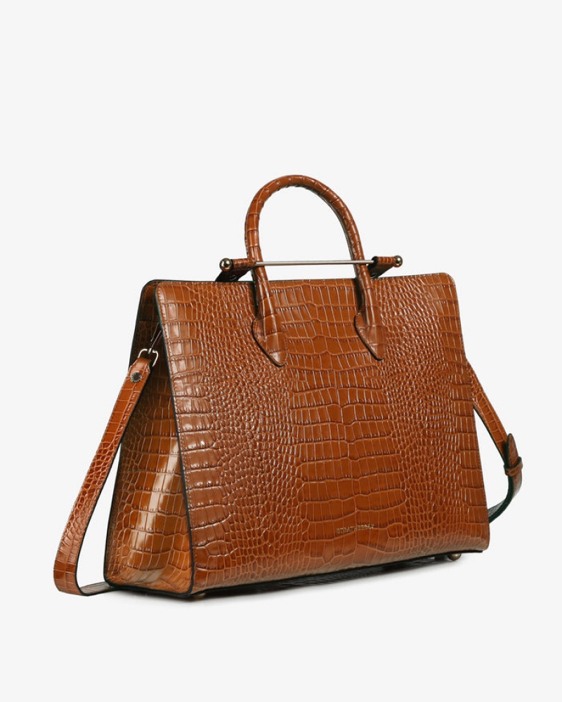 Brown Strathberry The Tote Croc-Embossed Leather Shoulder Bag | UK DLUF-93640