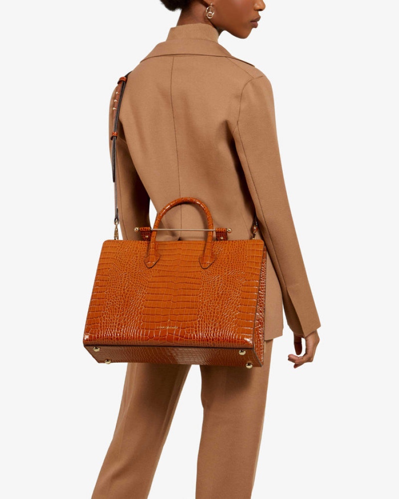 Brown Strathberry The Tote Croc-Embossed Leather Shoulder Bag | UK DLUF-93640