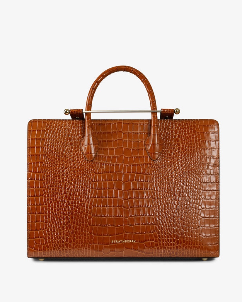 Brown Strathberry The Tote Croc-Embossed Leather Shoulder Bag | UK DLUF-93640