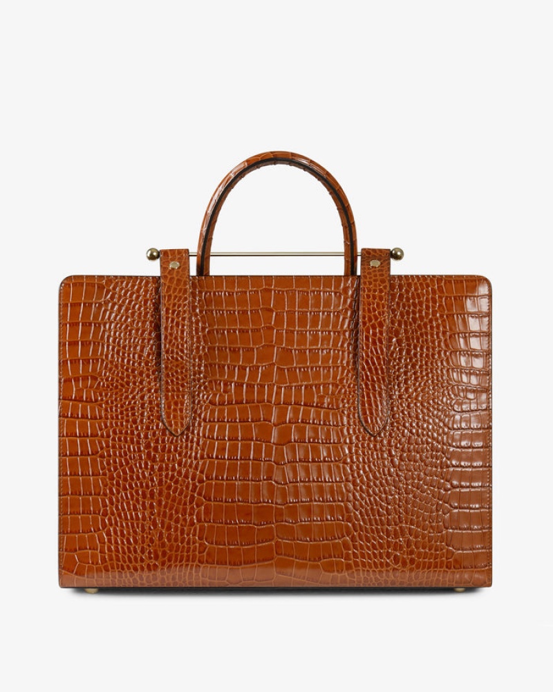 Brown Strathberry The Tote Croc-Embossed Leather Shoulder Bag | UK DLUF-93640