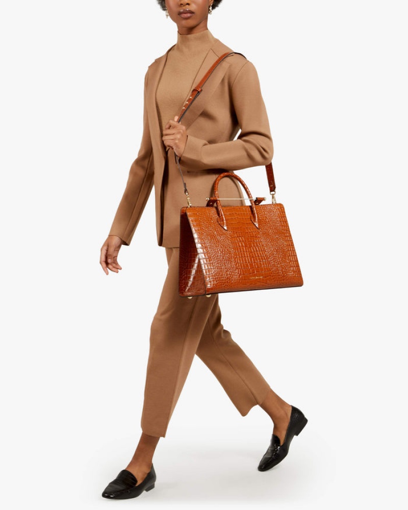 Brown Strathberry The Tote Croc-Embossed Leather Shoulder Bag | UK DLUF-93640