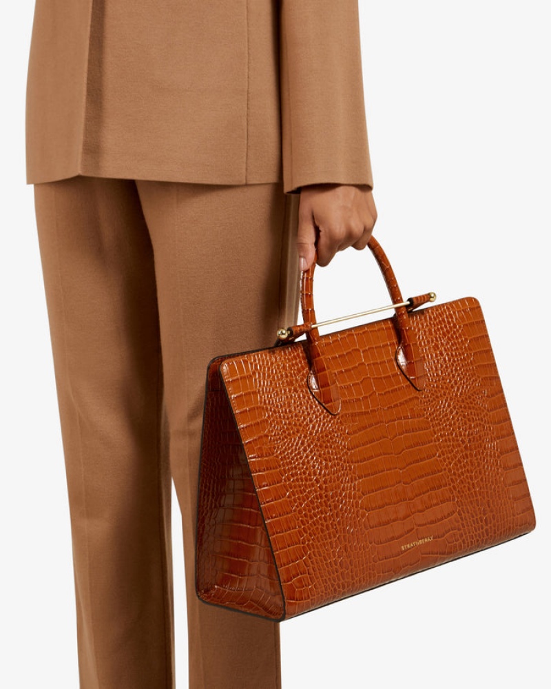 Brown Strathberry The Tote Croc-Embossed Leather Shoulder Bag | UK DLUF-93640