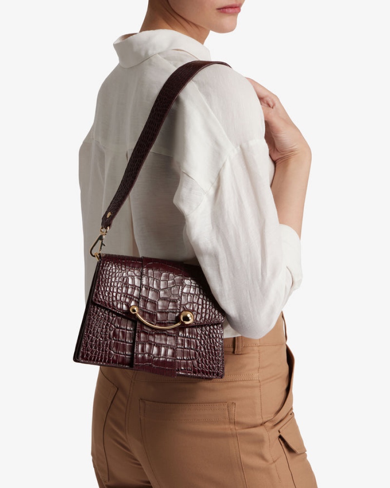 Burgundy Strathberry Box Crescent Croc-Embossed Leather Shoulder Bag | UK FYAC-12805