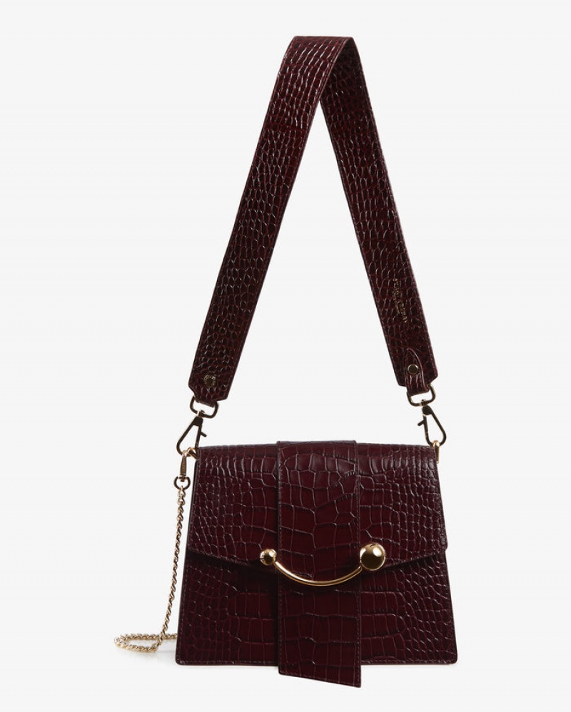 Burgundy Strathberry Box Crescent Croc-Embossed Leather Shoulder Bag | UK FYAC-12805