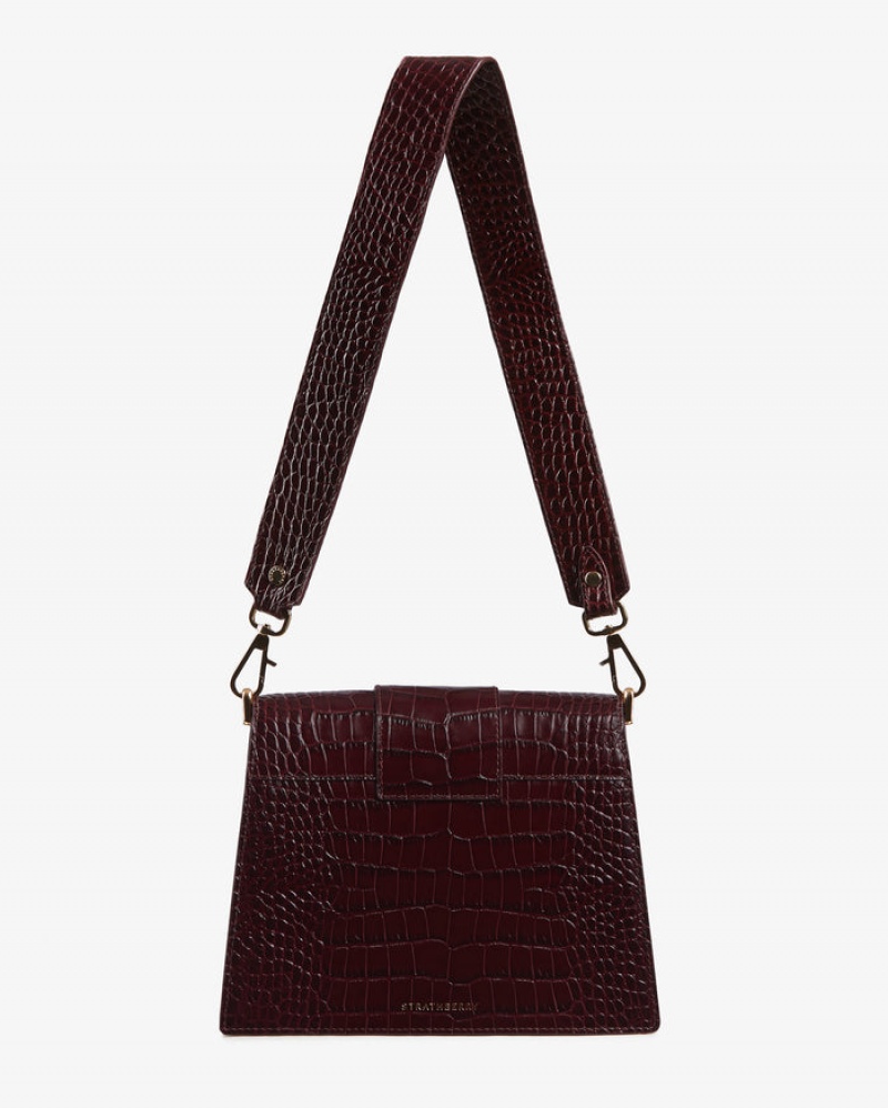 Burgundy Strathberry Box Crescent Croc-Embossed Leather Shoulder Bag | UK FYAC-12805