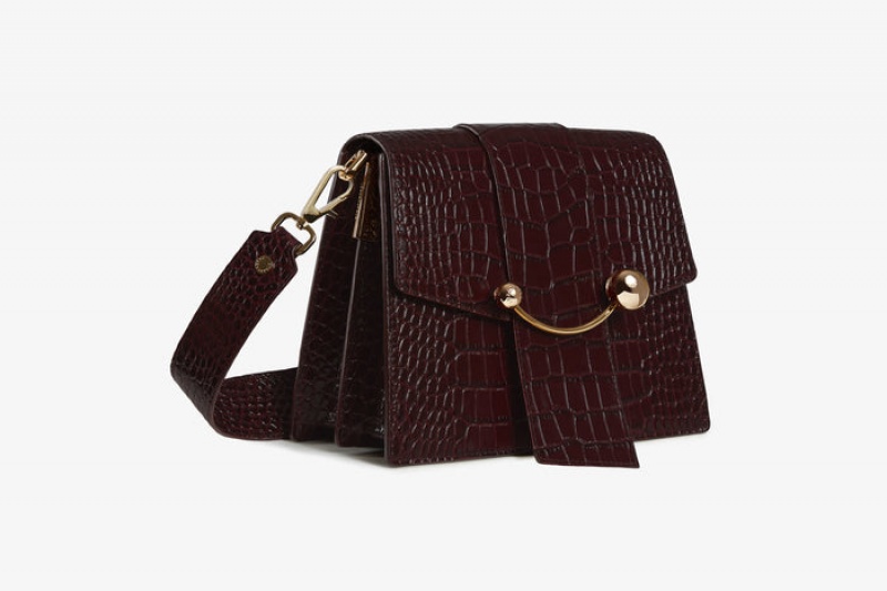 Burgundy Strathberry Box Crescent Croc-Embossed Leather Shoulder Bag | UK FYAC-12805