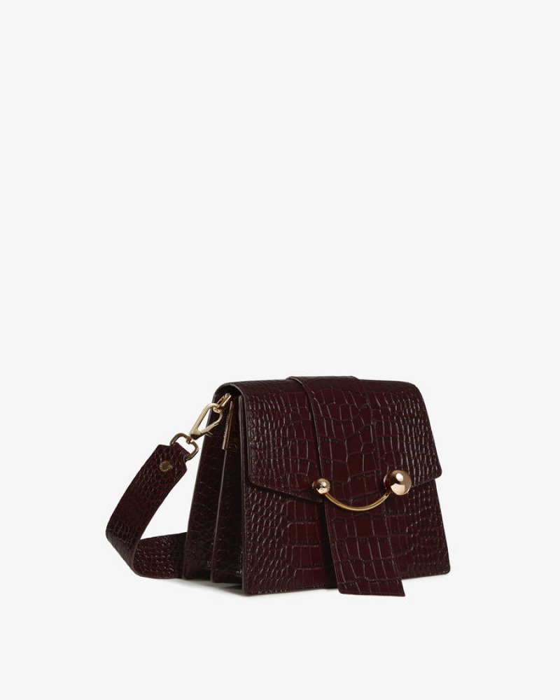 Burgundy Strathberry Box Crescent Croc-Embossed Leather Mini Bag | UK UDCA-87041