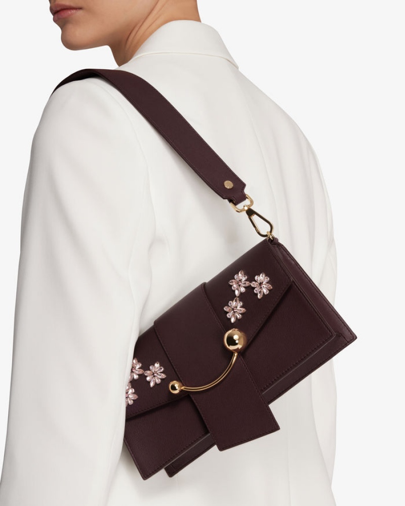 Burgundy Strathberry Crescent Floral Beading Embroidery Mini Bag | UK RFTC-30251