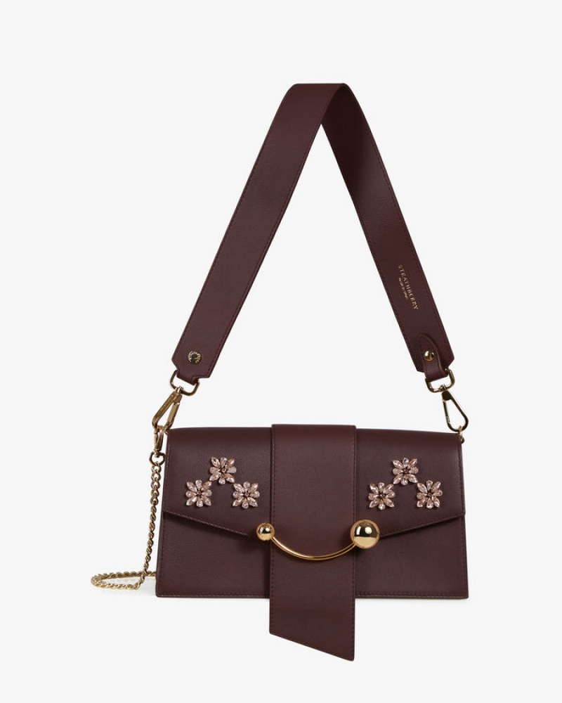 Burgundy Strathberry Crescent Floral Beading Embroidery Mini Bag | UK RFTC-30251