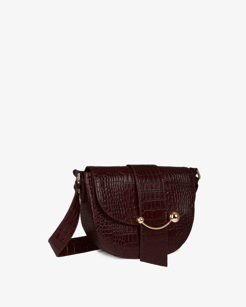 Burgundy Strathberry Crescent Satchel Croc-Embossed Leather Shoulder Bag | UK GVIT-95820