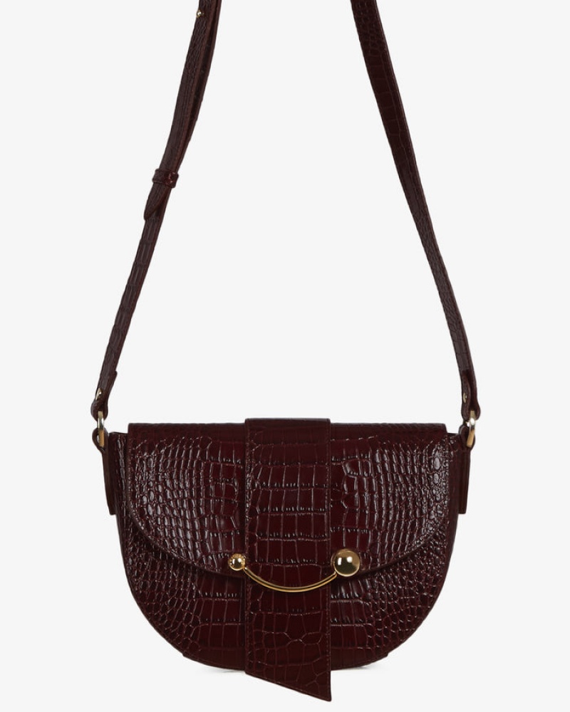 Burgundy Strathberry Crescent Satchel Croc-Embossed Leather Shoulder Bag | UK GVIT-95820